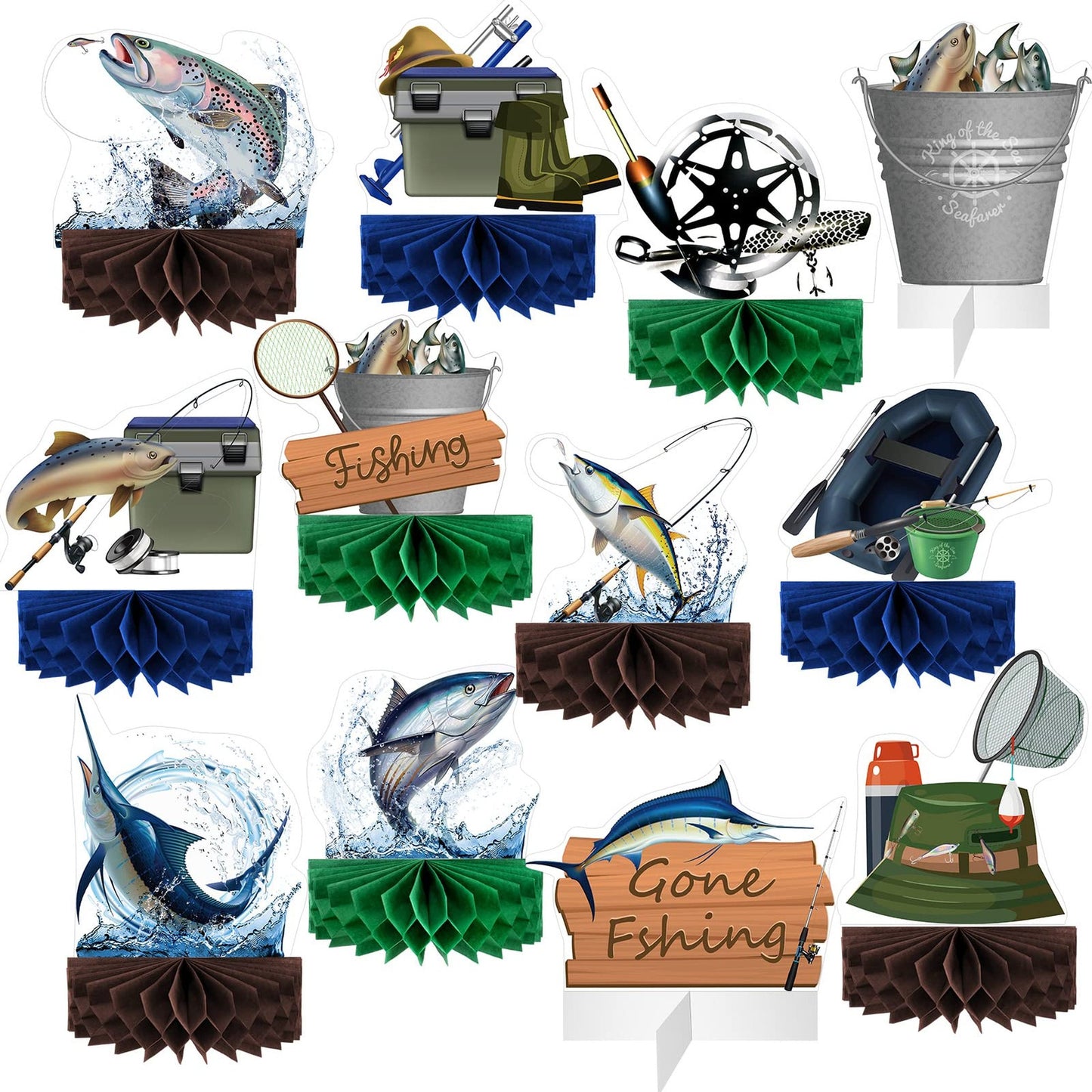 Fishing Fun 3D Table Decor Set - 12 Pcs Gone Fishing Centerpieces & Party Supplies for Fathers Day, Retirement, Baby Shower. Perfect Fish Party Decor!