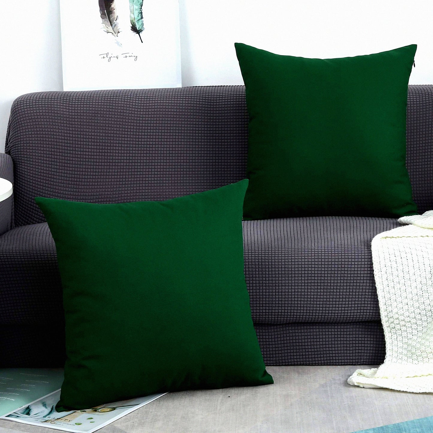 Deep Green Cotton Canvas Pillow Covers - Set of 2, 20x20 Decorative Cushion Covers in 45 Colors - Solid 100% Cotton, Throw Pillow Case Pack for Home Décor