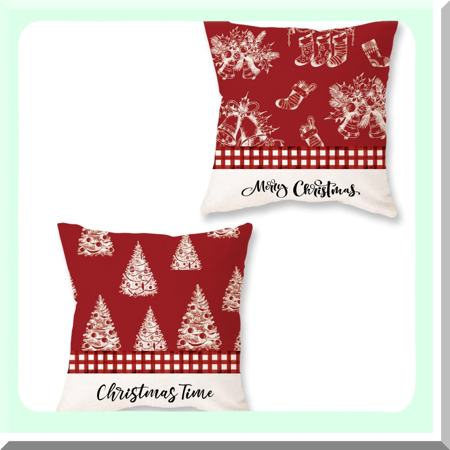 Festive Farmhouse Pillow Covers - Set of 2 Red White Time Plaid Decor - Trees Bells Socks Lumbar Throw Pillowcase - Decorative Cushion Case for Sofa Couch Home - 18x18