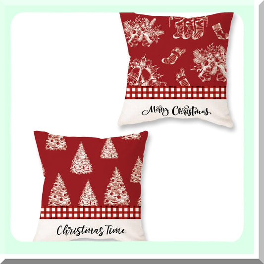 Festive Farmhouse Pillow Covers - Set of 2 Red White Time Plaid Decor - Trees Bells Socks Lumbar Throw Pillowcase - Decorative Cushion Case for Sofa Couch Home - 18x18