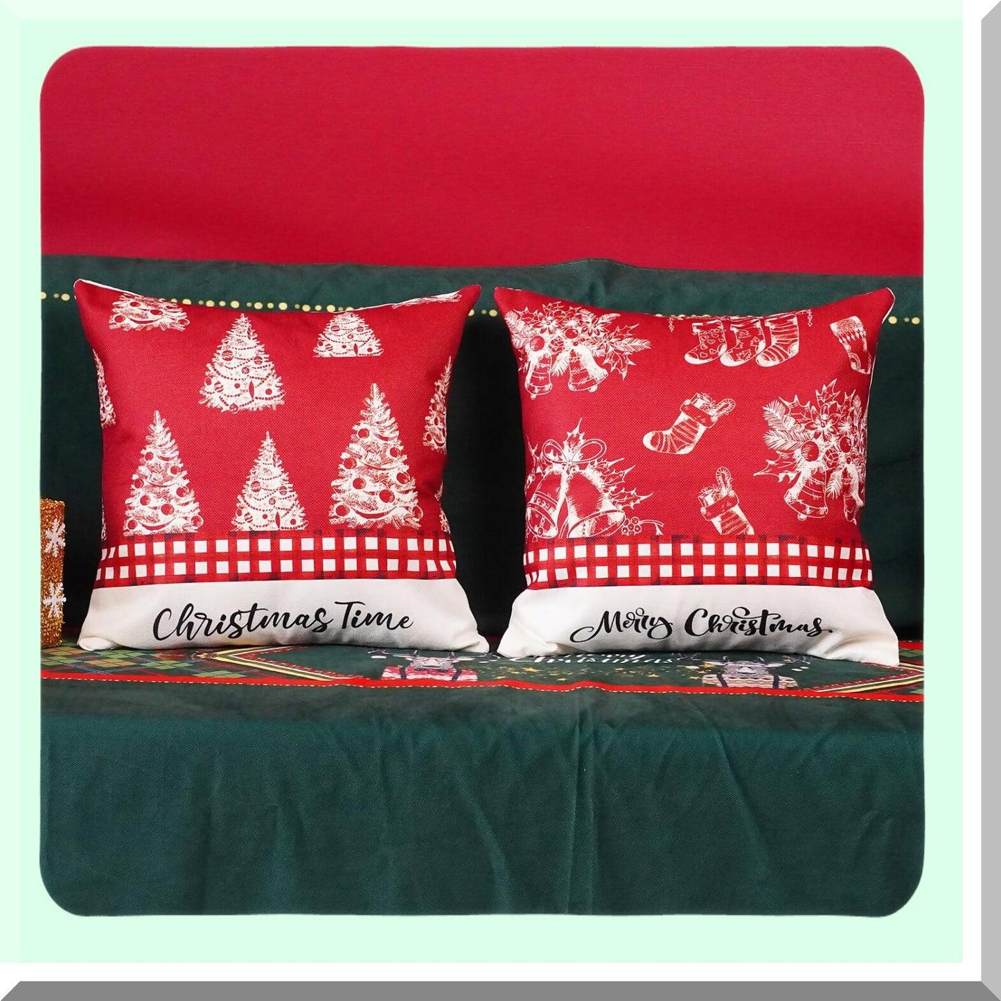 Festive Farmhouse Pillow Covers - Set of 2 Red White Time Plaid Decor - Trees Bells Socks Lumbar Throw Pillowcase - Decorative Cushion Case for Sofa Couch Home - 18x18