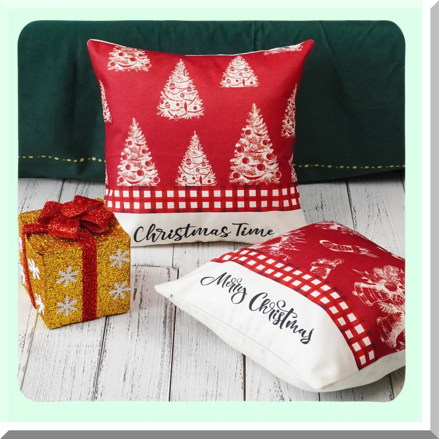 Festive Farmhouse Pillow Covers - Set of 2 Red White Time Plaid Decor - Trees Bells Socks Lumbar Throw Pillowcase - Decorative Cushion Case for Sofa Couch Home - 18x18