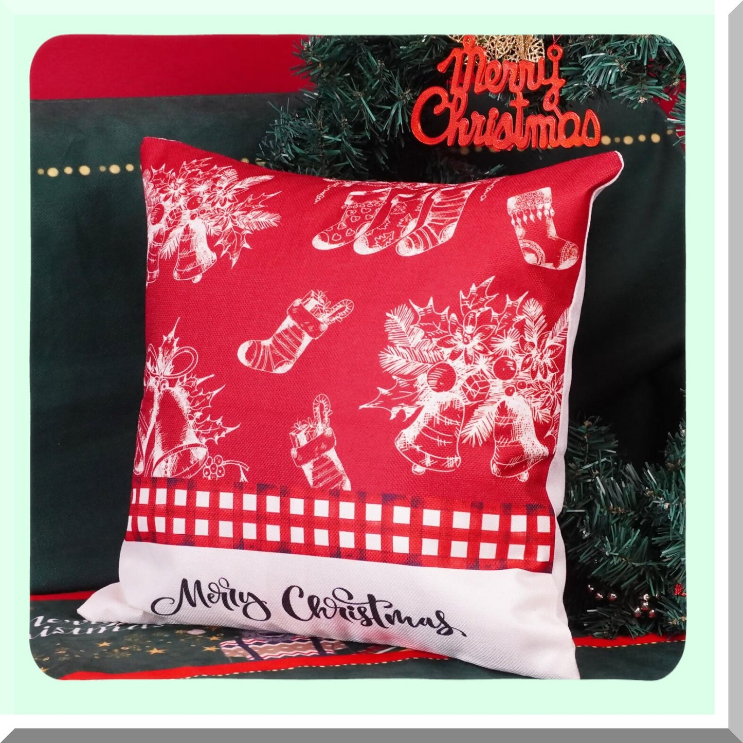 Festive Farmhouse Pillow Covers - Set of 2 Red White Time Plaid Decor - Trees Bells Socks Lumbar Throw Pillowcase - Decorative Cushion Case for Sofa Couch Home - 18x18