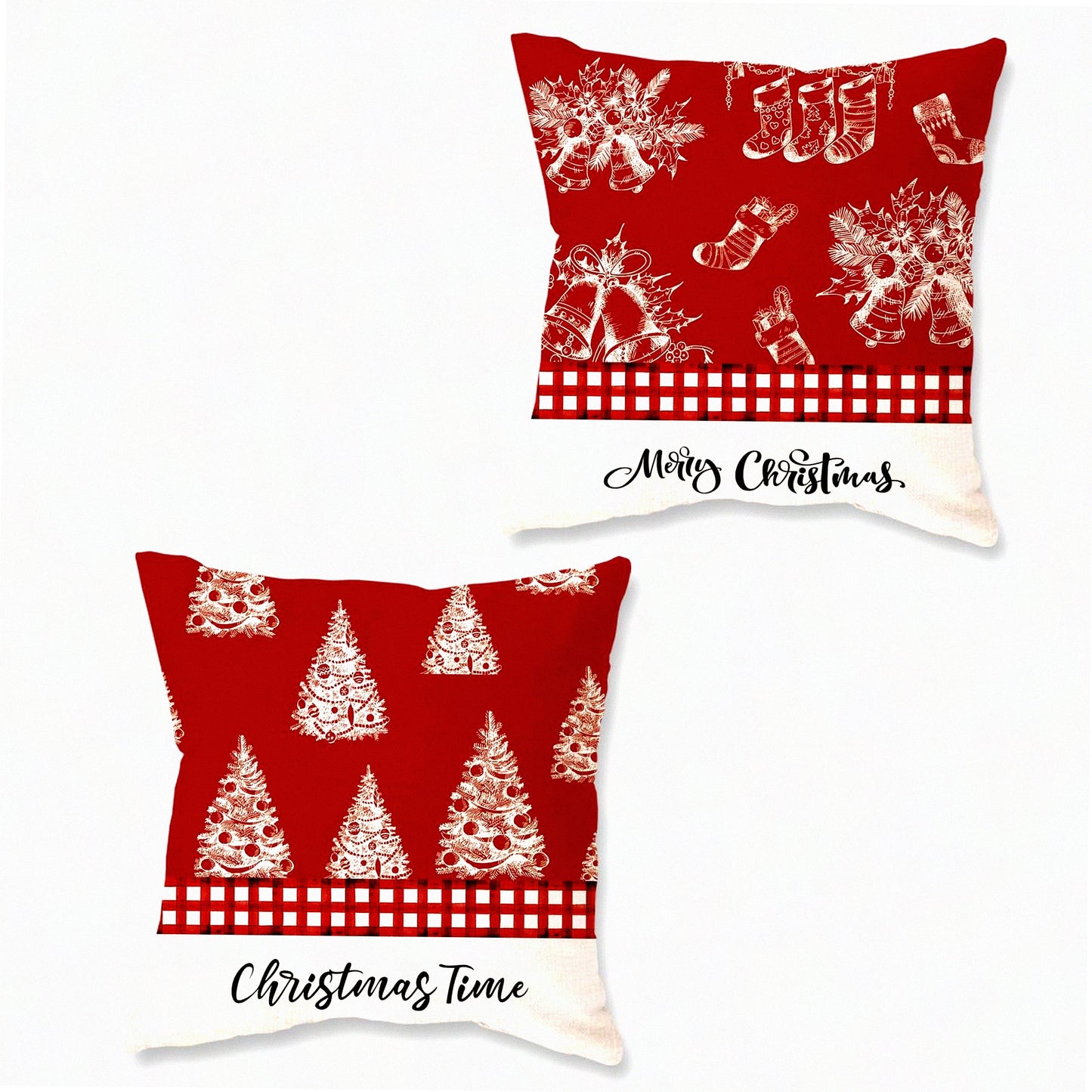Festive Farmhouse Pillow Covers - Set of 2 Red White Time Plaid Decor - Trees Bells Socks Lumbar Throw Pillowcase - Decorative Cushion Case for Sofa Couch Home - 18x18