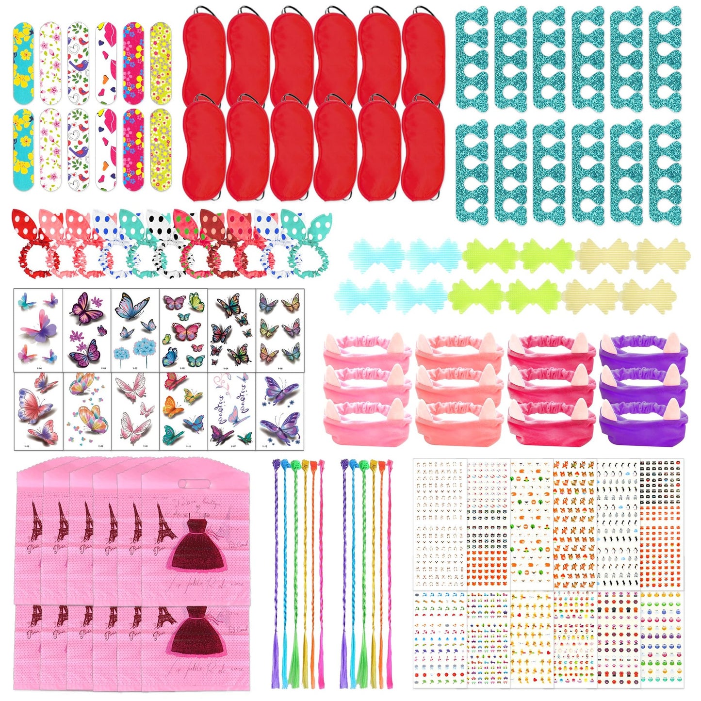 Spa Glam Party Pack - Nail File, Toe Separators, Pink Tote Bags, Hair Braids, Clips, Nail & Butterfly Stickers - 120 PCS for Girls' Spa Parties