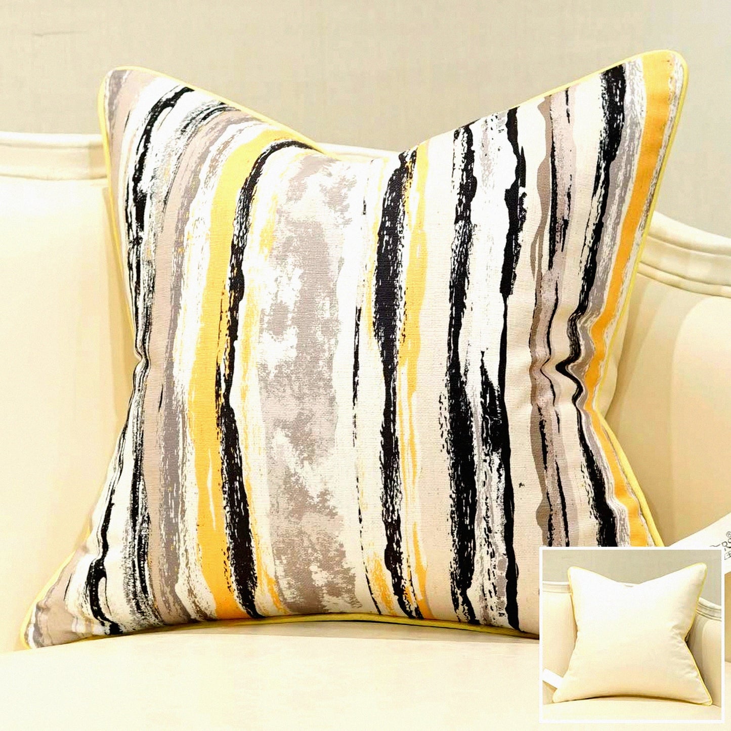 Modern Jacquard Striped Patchwork Cushion Covers - Yellow White Black Gray Throw Pillow Case Shell for Couch Sofa Home Decoration - 18 X 18 Inches