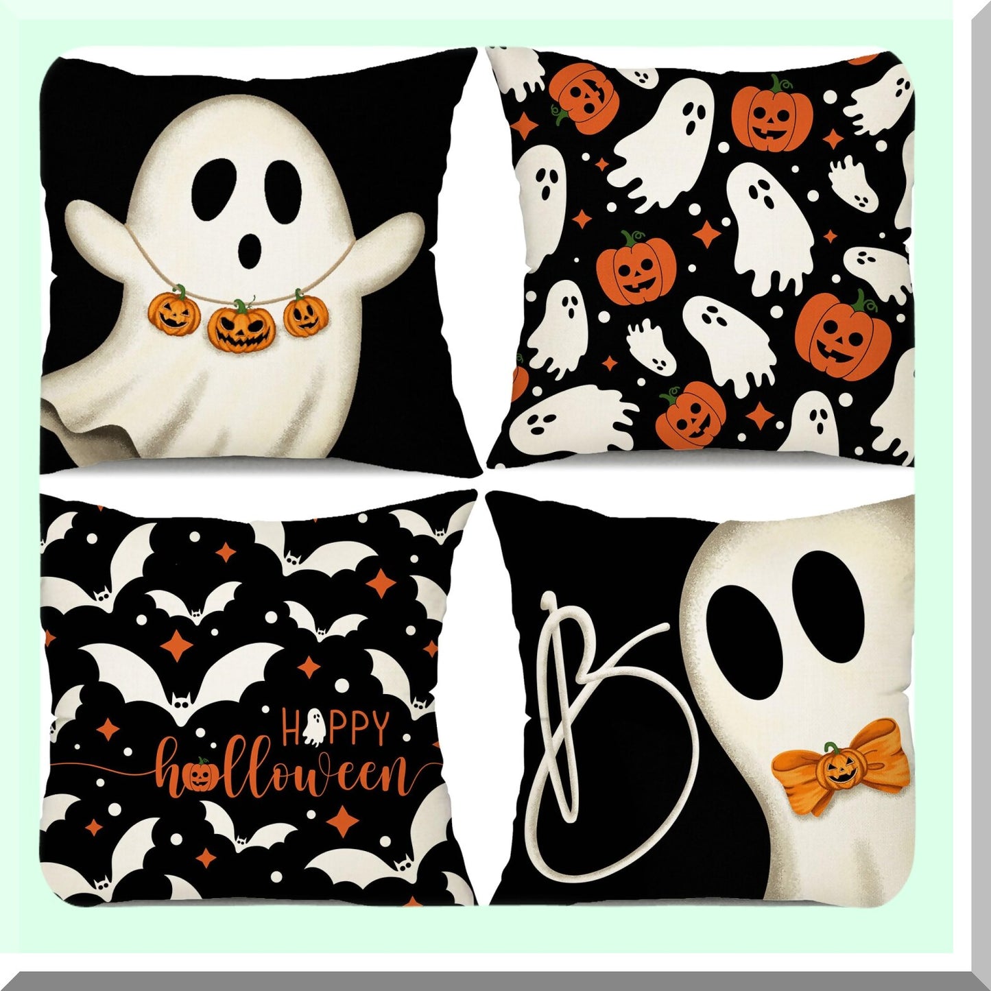 Halloween Pillow Covers Set of 4 - Ghost Pumpkins Bats Decor - 16x16 inch Holiday Pillow Case - Farmhouse Decor for Home Sofa - B107