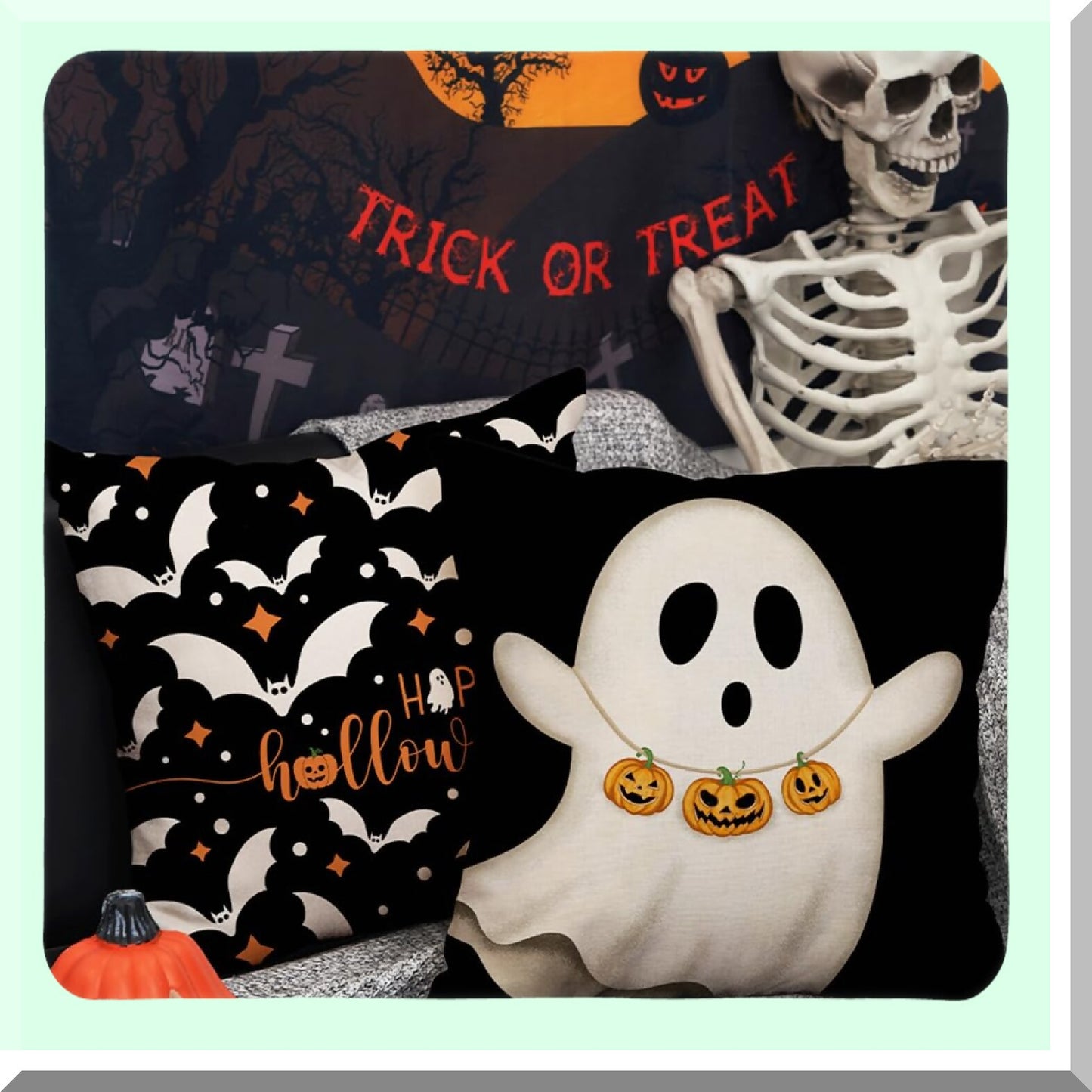 Halloween Pillow Covers Set of 4 - Ghost Pumpkins Bats Decor - 16x16 inch Holiday Pillow Case - Farmhouse Decor for Home Sofa - B107