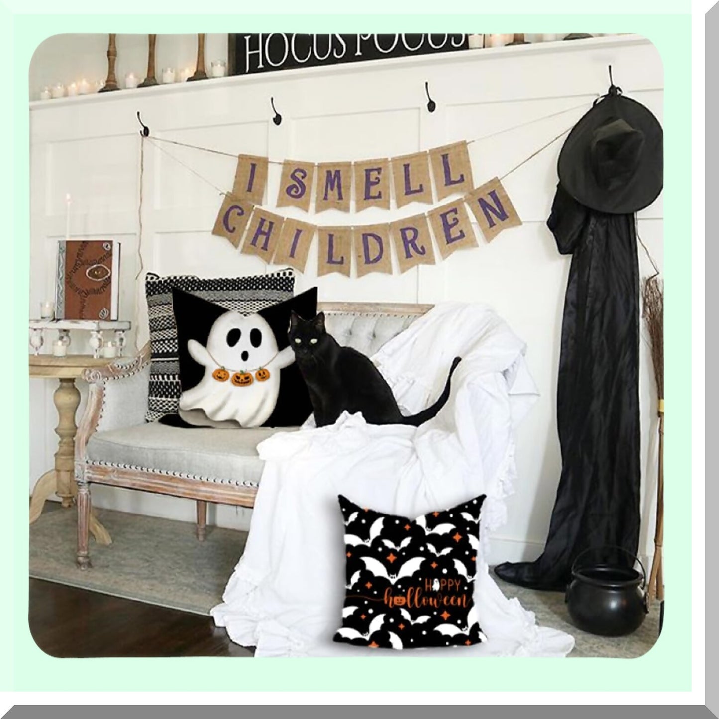 Halloween Pillow Covers Set of 4 - Ghost Pumpkins Bats Decor - 16x16 inch Holiday Pillow Case - Farmhouse Decor for Home Sofa - B107