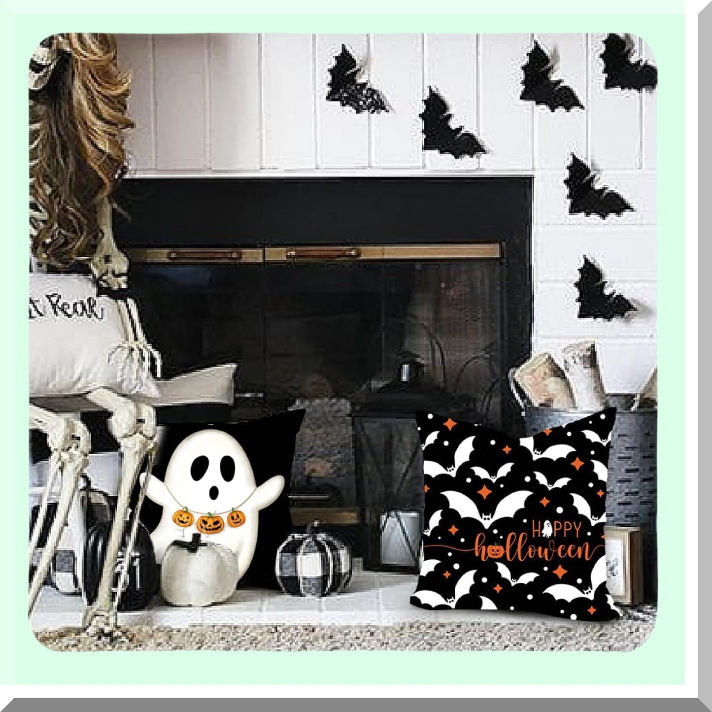 Halloween Pillow Covers Set of 4 - Ghost Pumpkins Bats Decor - 16x16 inch Holiday Pillow Case - Farmhouse Decor for Home Sofa - B107