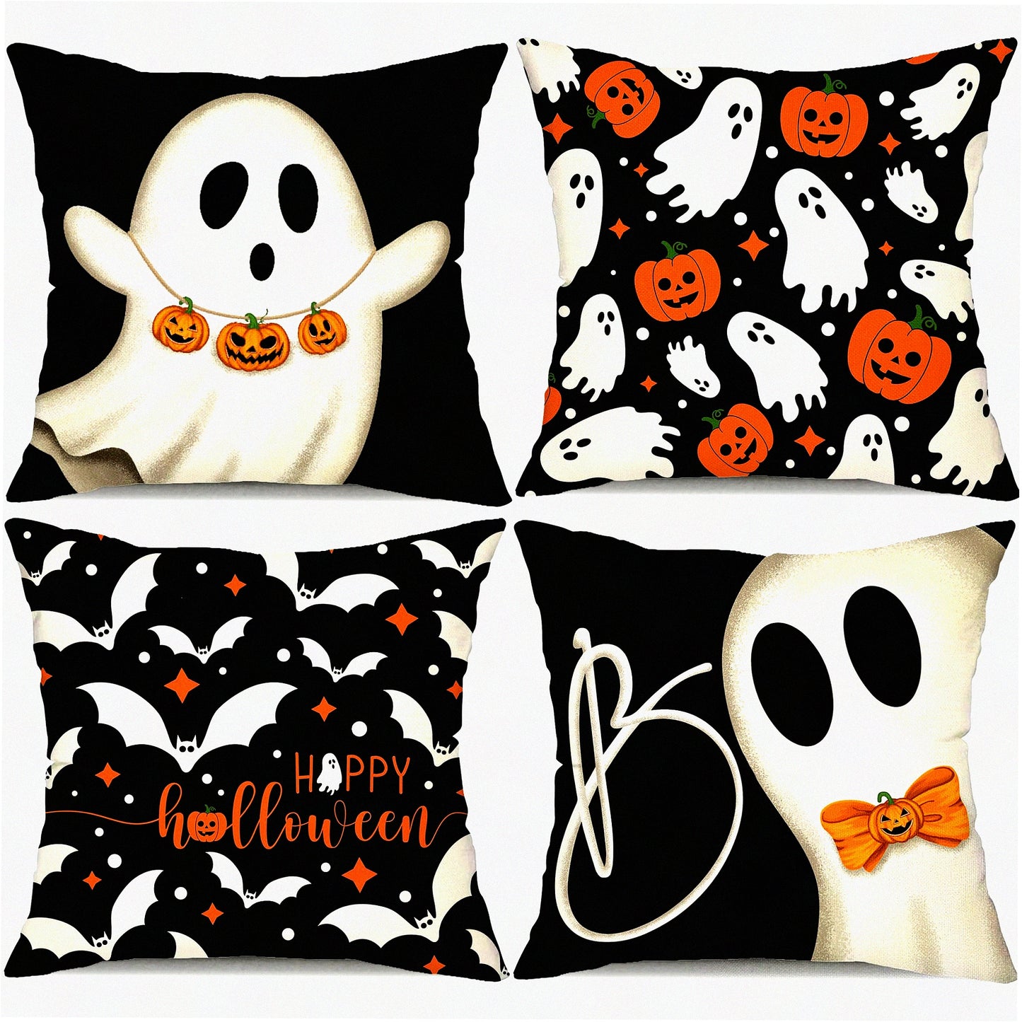 Halloween Pillow Covers Set of 4 - Ghost Pumpkins Bats Decor - 16x16 inch Holiday Pillow Case - Farmhouse Decor for Home Sofa - B107