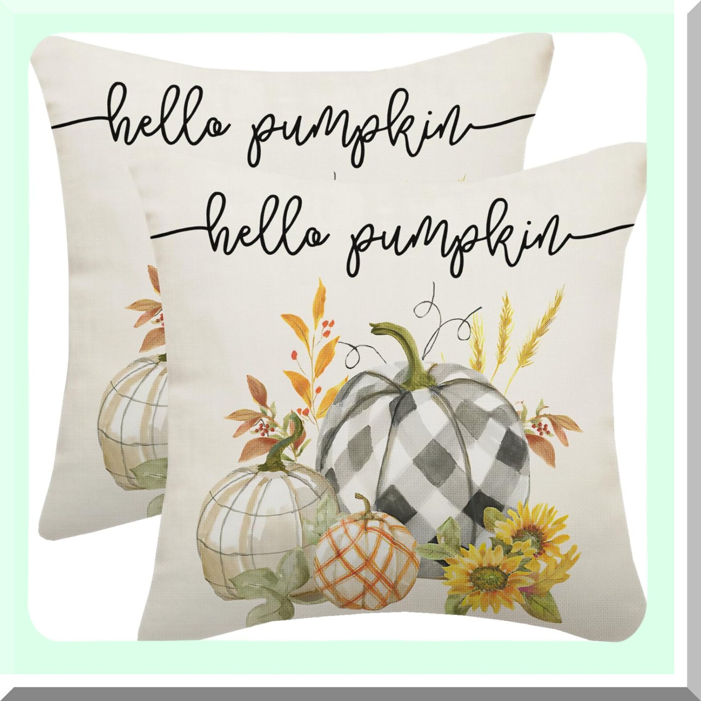 Autumn Harvest Buffalo Plaid Pillow Covers - Set of 2 18x18 Pumpkin Linen Farmhouse Decor Cushion Case for Home Sofa & Bedroom