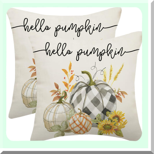 Autumn Harvest Buffalo Plaid Pillow Covers - Set of 2 18x18 Pumpkin Linen Farmhouse Decor Cushion Case for Home Sofa & Bedroom