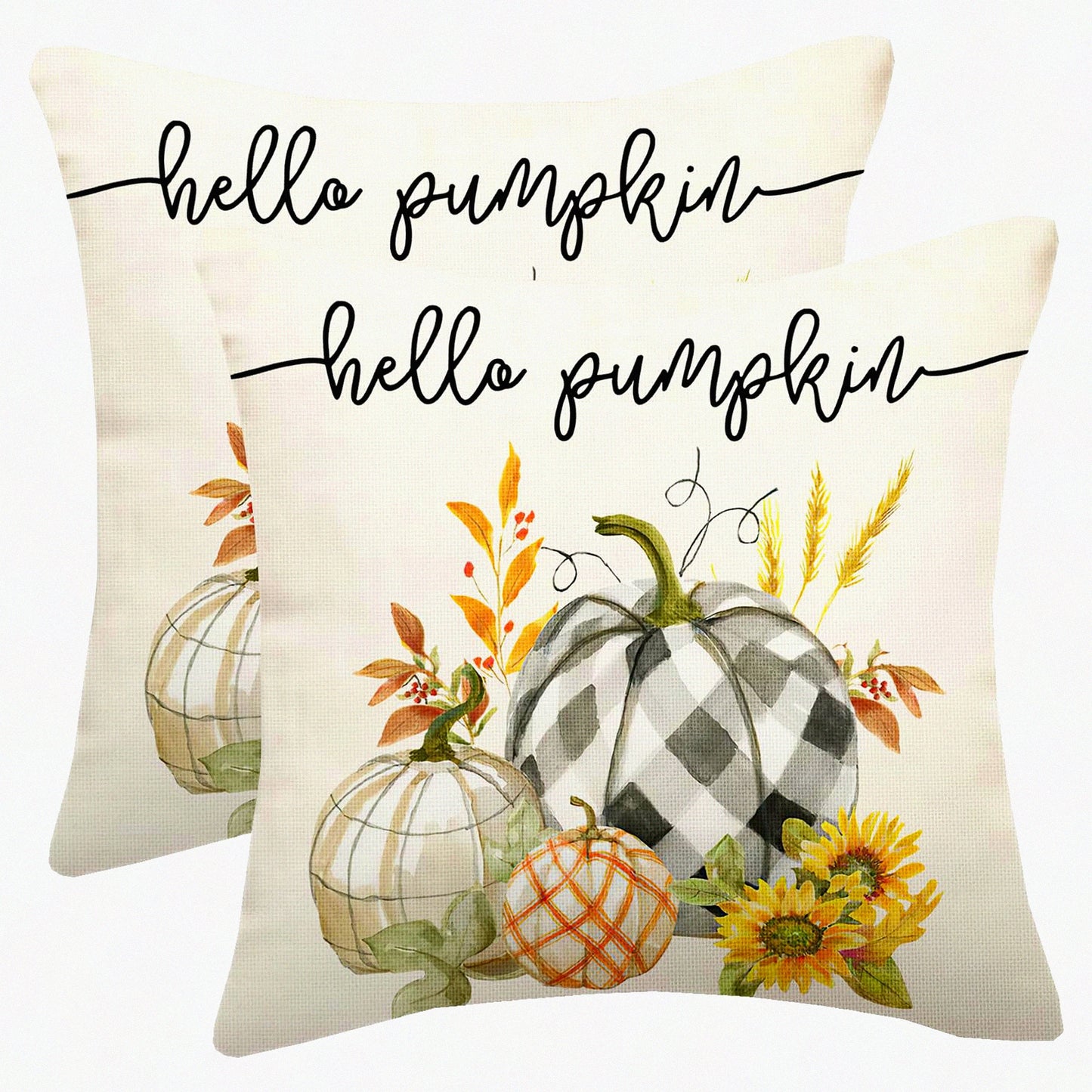 Autumn Harvest Buffalo Plaid Pillow Covers - Set of 2 18x18 Pumpkin Linen Farmhouse Decor Cushion Case for Home Sofa & Bedroom