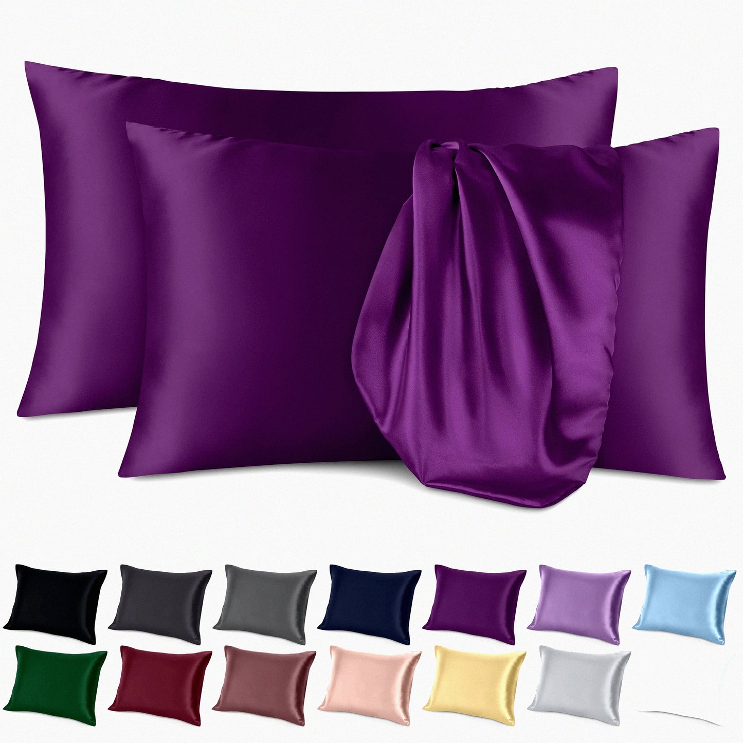 Luxury Silk-Like Pillowcases Set - Smooth & Breathable Envelope Enclosure - Hair-Friendly Poly Pillowcases - Standard/Queen Size - Plum (2 Pack)