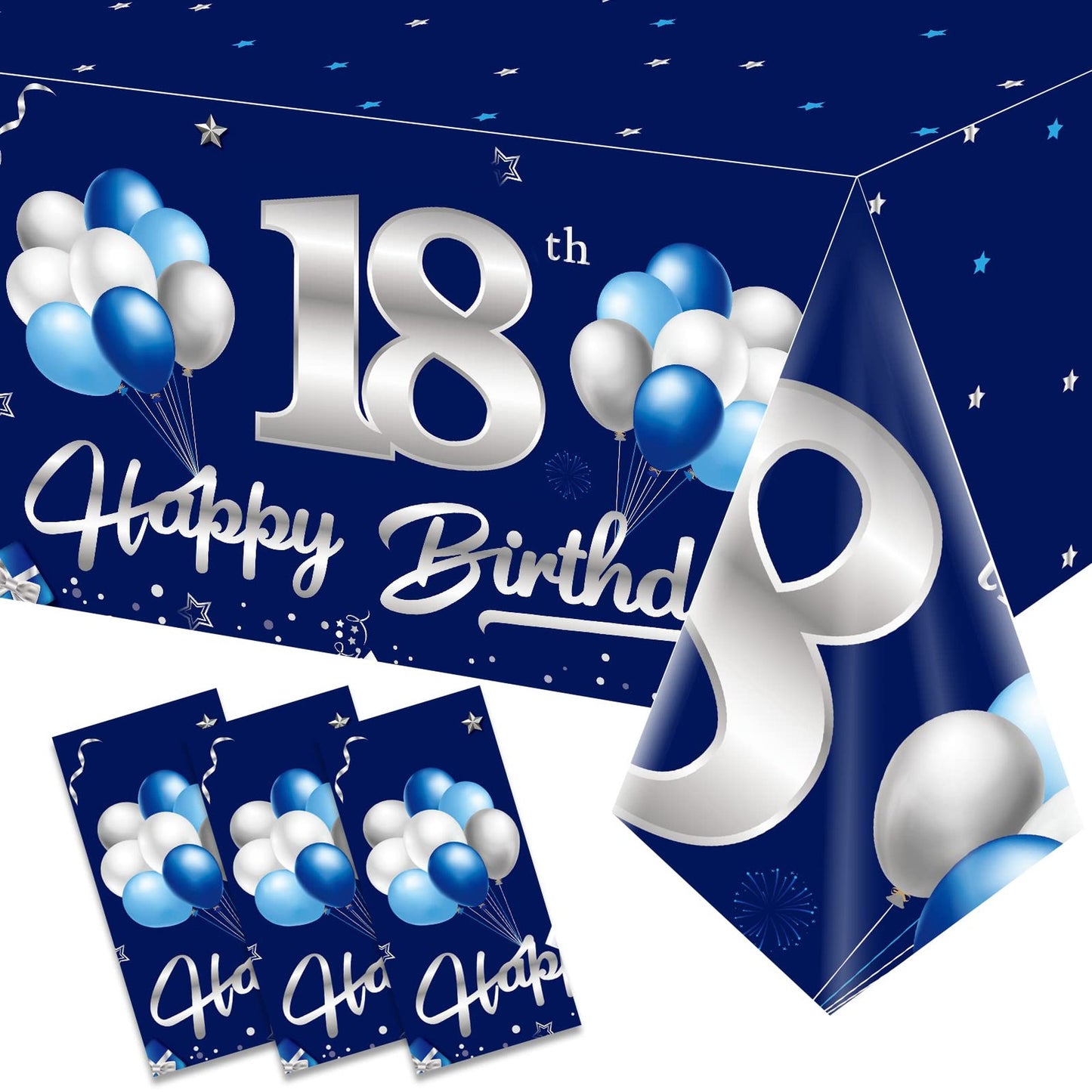 Blue Silver 18th Birthday Tablecloth Trio - Navy Blue Happy 18 Table Cover Set - Eighteen Years Old Party Supplies - Disposable Rectangular Cloths