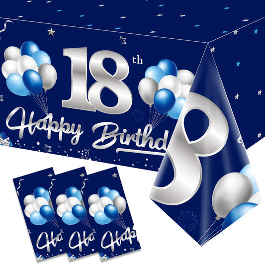 Blue Silver 18th Birthday Tablecloth Trio - Navy Blue Happy 18 Table Cover Set - Eighteen Years Old Party Supplies - Disposable Rectangular Cloths