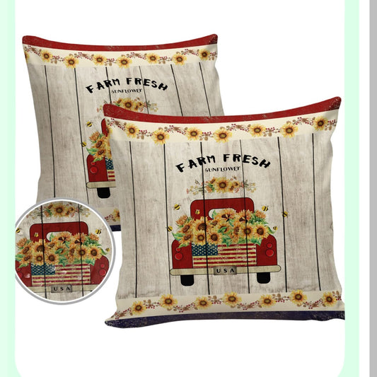 Retro Farm Truck Sunflower Outdoor Pillow Covers - Set of 2 | Waterproof Throw Pillowcase | Red Blue Cotton Linen Cushion Cover - 16x16In | July 4th Decor