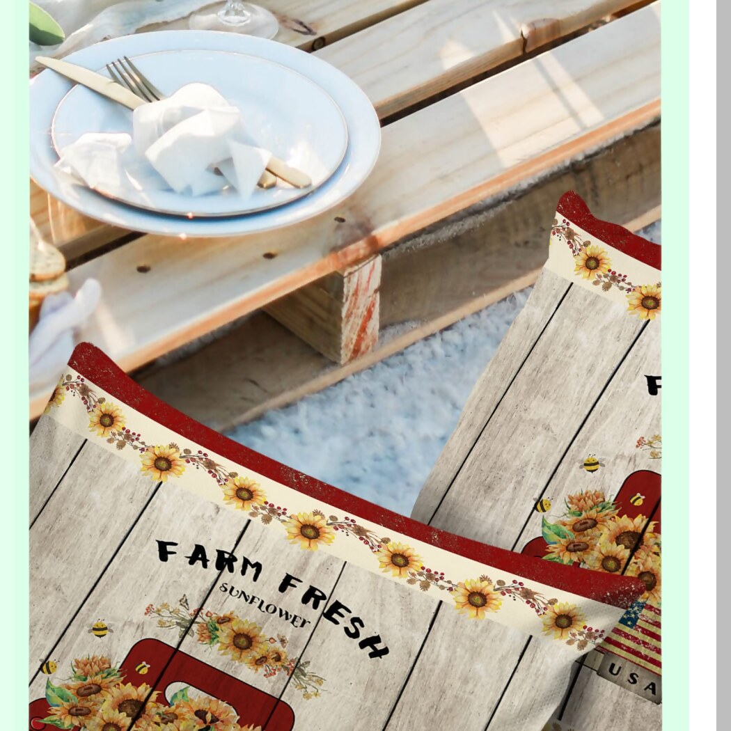 Retro Farm Truck Sunflower Outdoor Pillow Covers - Set of 2 | Waterproof Throw Pillowcase | Red Blue Cotton Linen Cushion Cover - 16x16In | July 4th Decor