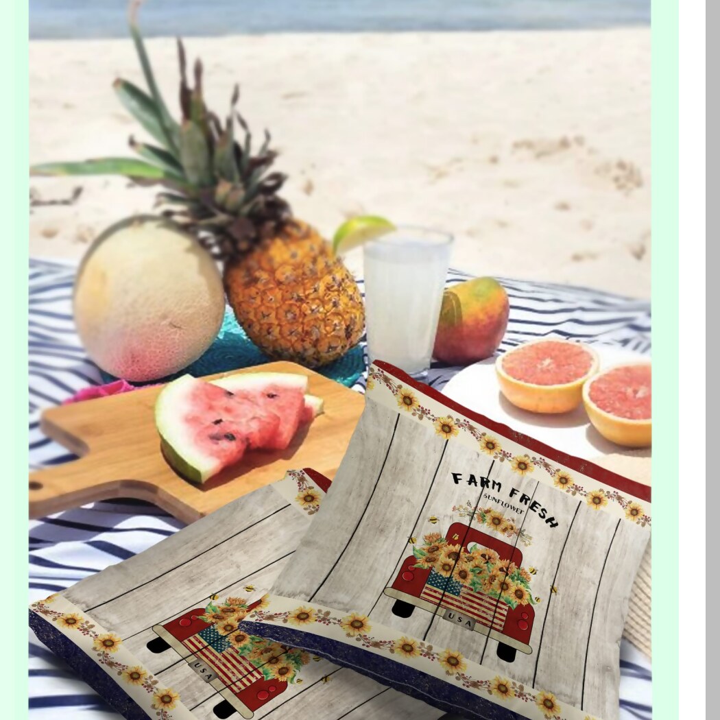 Retro Farm Truck Sunflower Outdoor Pillow Covers - Set of 2 | Waterproof Throw Pillowcase | Red Blue Cotton Linen Cushion Cover - 16x16In | July 4th Decor