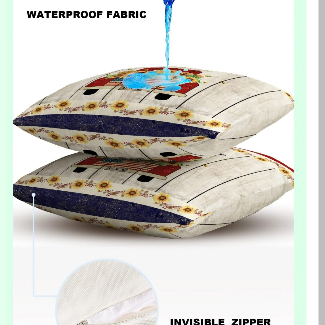 Retro Farm Truck Sunflower Outdoor Pillow Covers - Set of 2 | Waterproof Throw Pillowcase | Red Blue Cotton Linen Cushion Cover - 16x16In | July 4th Decor