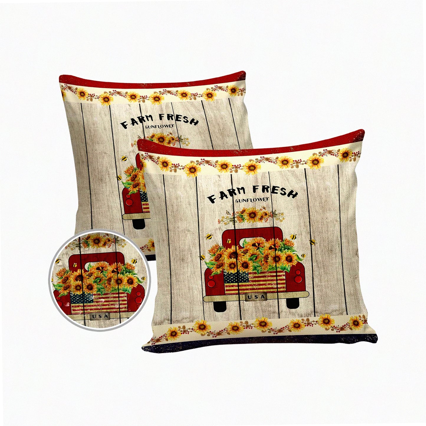 Retro Farm Truck Sunflower Outdoor Pillow Covers - Set of 2 | Waterproof Throw Pillowcase | Red Blue Cotton Linen Cushion Cover - 16x16In | July 4th Decor