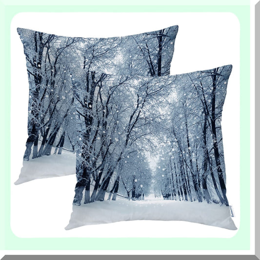 Snowstorm Park Winter Landscape Pillow Covers - Set of 2, 18x18 Inch Blue Snow Double Sided Decorative Throw Cases