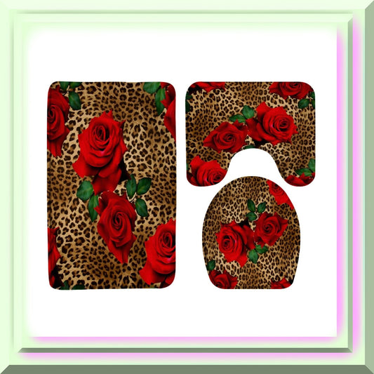 3 Pieces Bath Rugs Set Leopard Flower Red Rose 18x30 Inch