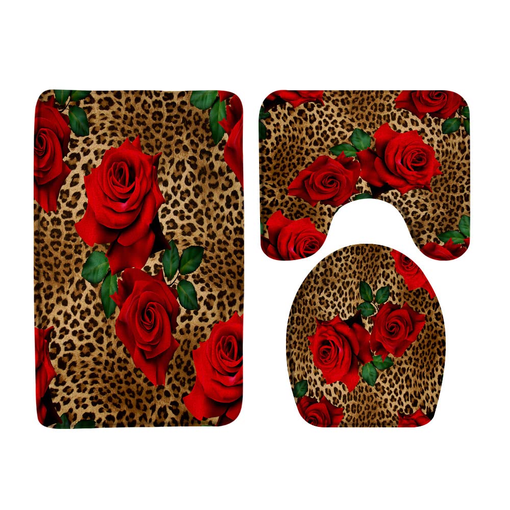 3 Pieces Bath Rugs Set Leopard Flower Red Rose 18x30 Inch