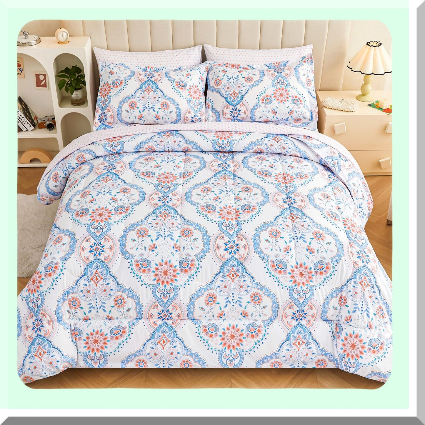 Boho Bloom Queen Bedding Set - 7 Piece Floral Comforter & Sheets, Lightweight Bed in A Bag for Women, Pink & Blue Flower Pattern - Cozy Chic Home Decor