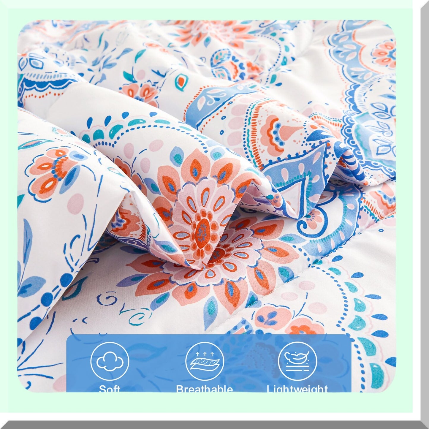 Boho Bloom Queen Bedding Set - 7 Piece Floral Comforter & Sheets, Lightweight Bed in A Bag for Women, Pink & Blue Flower Pattern - Cozy Chic Home Decor