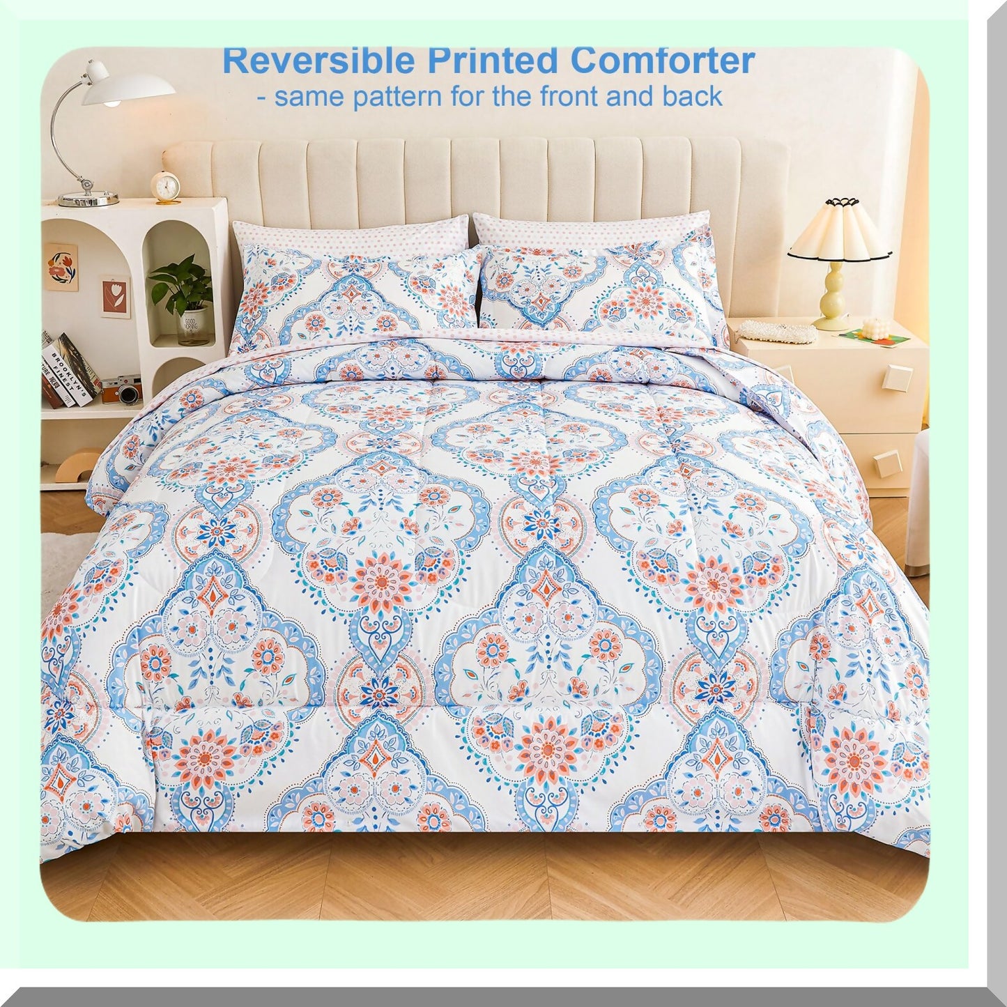 Boho Bloom Queen Bedding Set - 7 Piece Floral Comforter & Sheets, Lightweight Bed in A Bag for Women, Pink & Blue Flower Pattern - Cozy Chic Home Decor