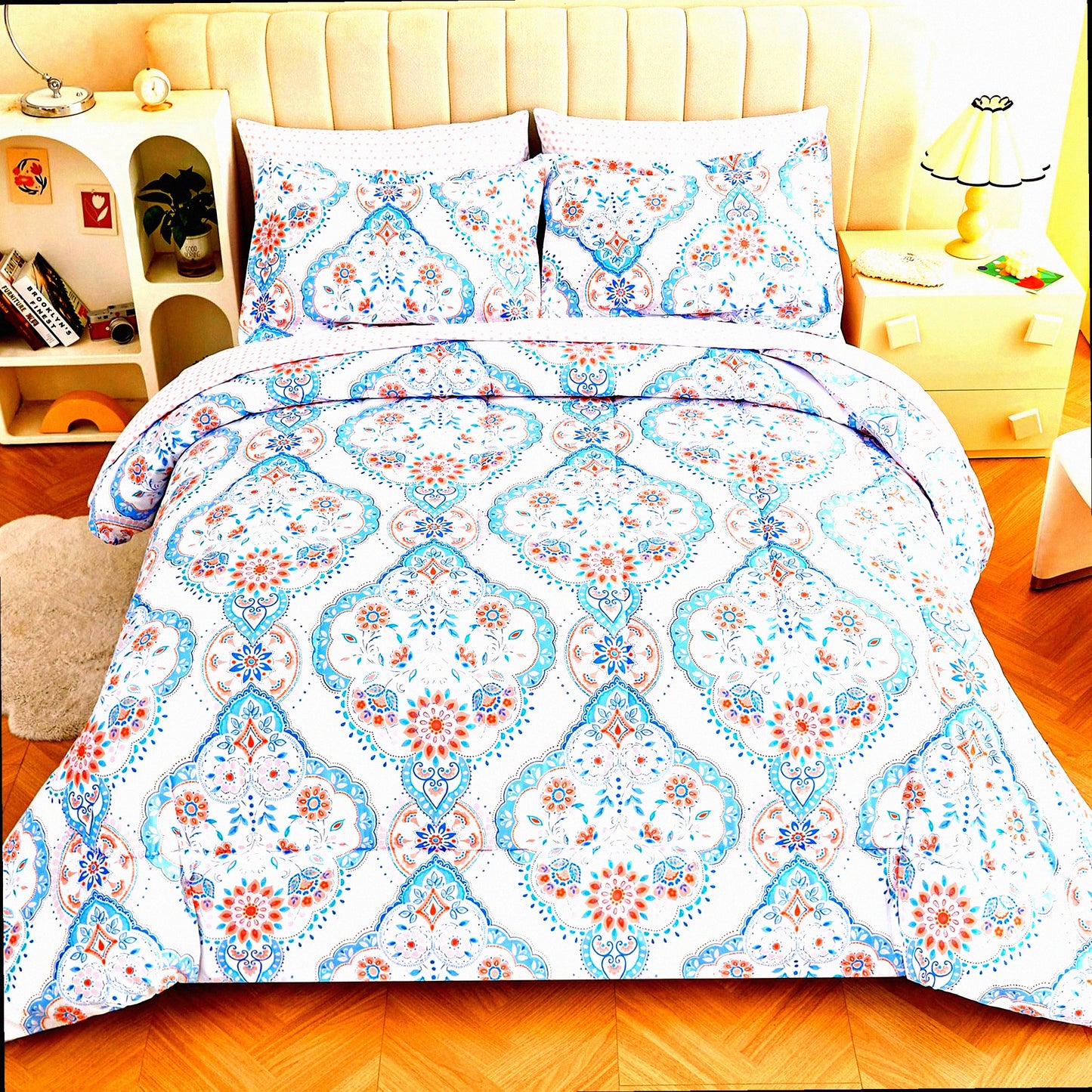 Boho Bloom Queen Bedding Set - 7 Piece Floral Comforter & Sheets, Lightweight Bed in A Bag for Women, Pink & Blue Flower Pattern - Cozy Chic Home Decor