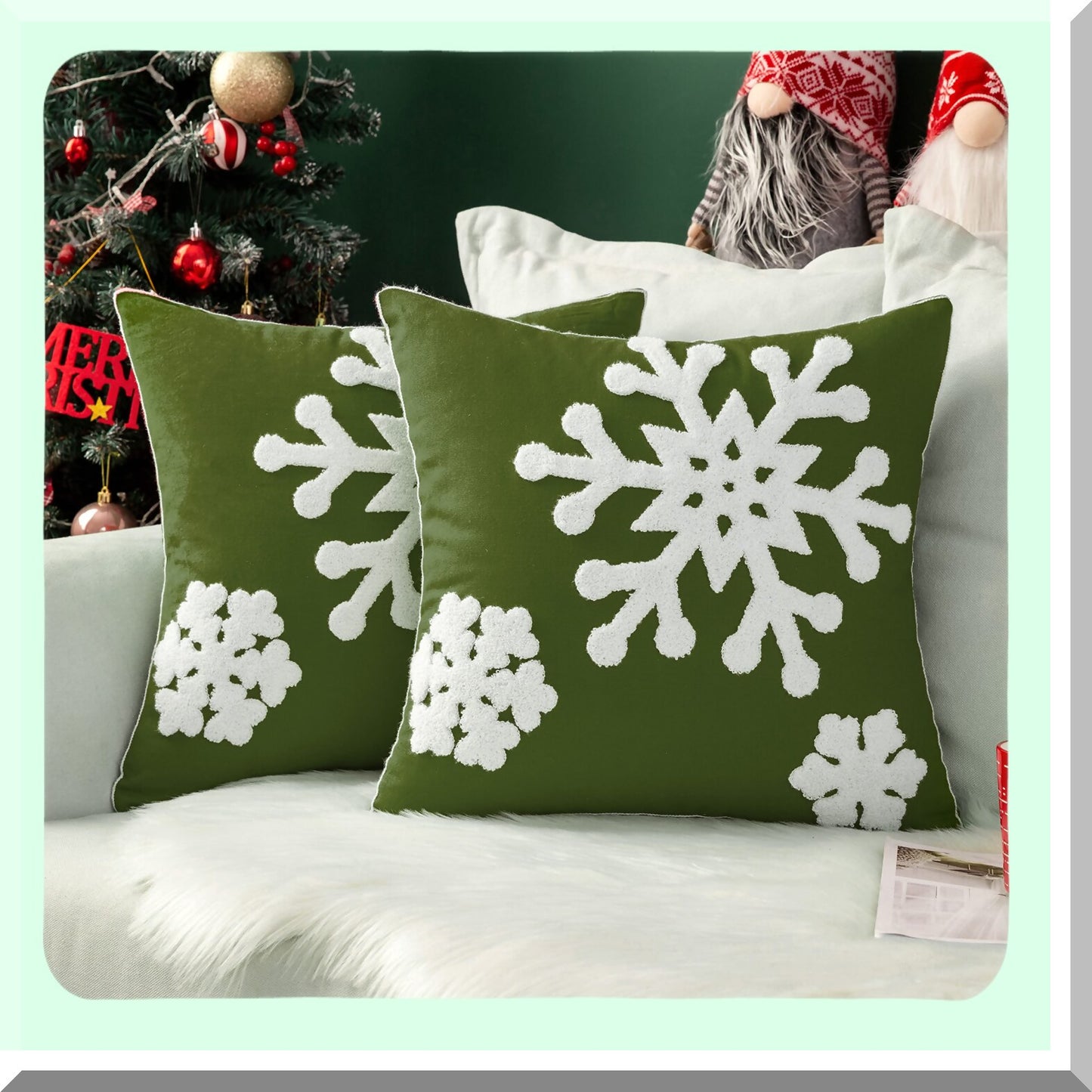 Snowflake Embroidered Pillow Covers Set - Holiday Decor Cushion Cases for Couch Sofa Bedroom Car - Army Green, 16x16in - Pack of 2