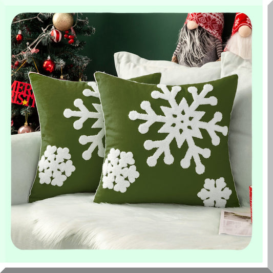 Snowflake Embroidered Pillow Covers Set - Holiday Decor Cushion Cases for Couch Sofa Bedroom Car - Army Green, 16x16in - Pack of 2