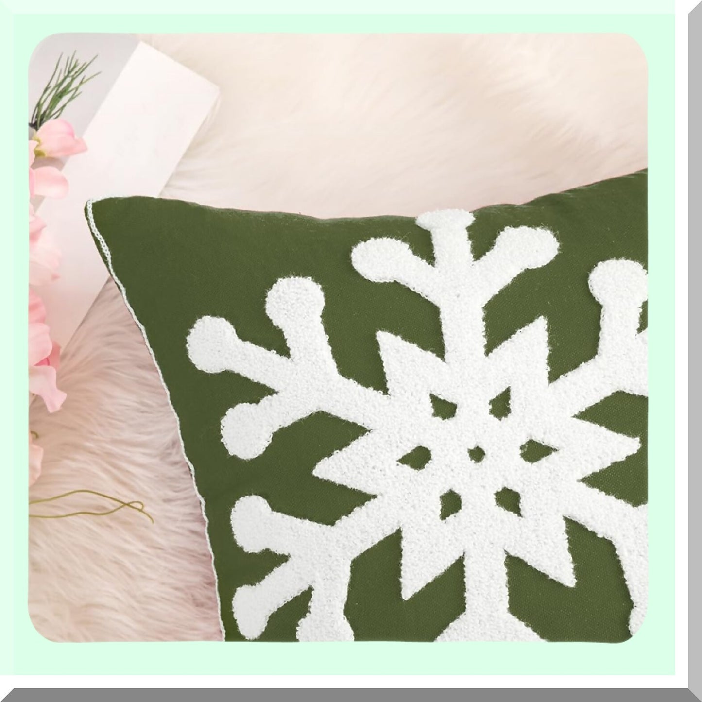 Snowflake Embroidered Pillow Covers Set - Holiday Decor Cushion Cases for Couch Sofa Bedroom Car - Army Green, 16x16in - Pack of 2