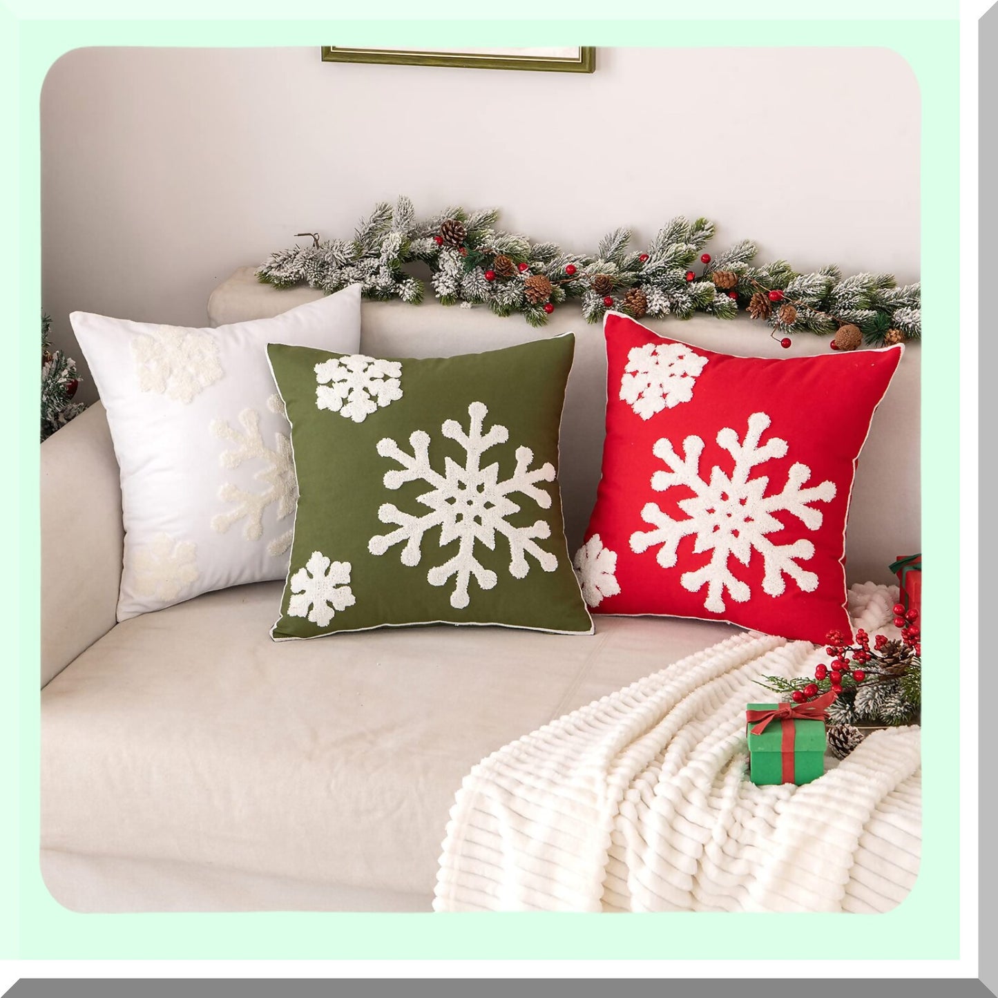 Snowflake Embroidered Pillow Covers Set - Holiday Decor Cushion Cases for Couch Sofa Bedroom Car - Army Green, 16x16in - Pack of 2