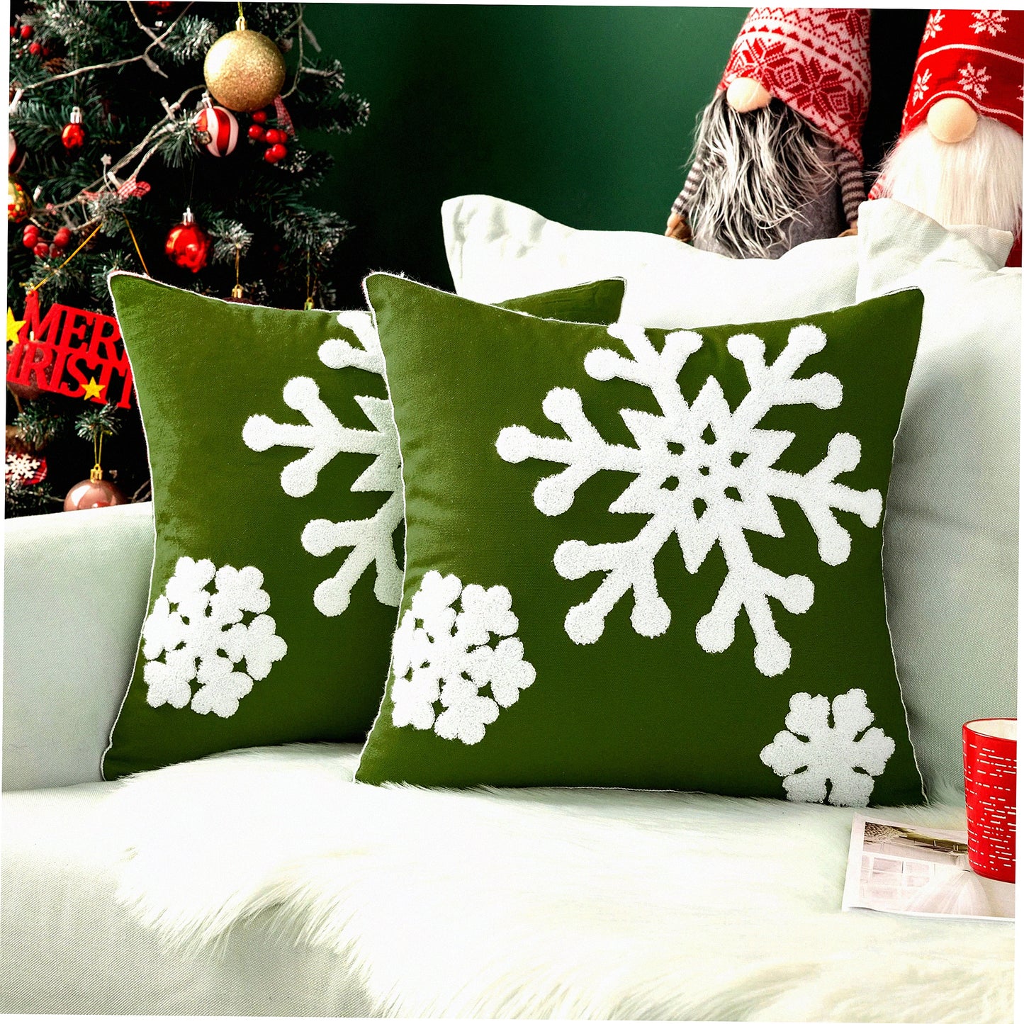 Snowflake Embroidered Pillow Covers Set - Holiday Decor Cushion Cases for Couch Sofa Bedroom Car - Army Green, 16x16in - Pack of 2