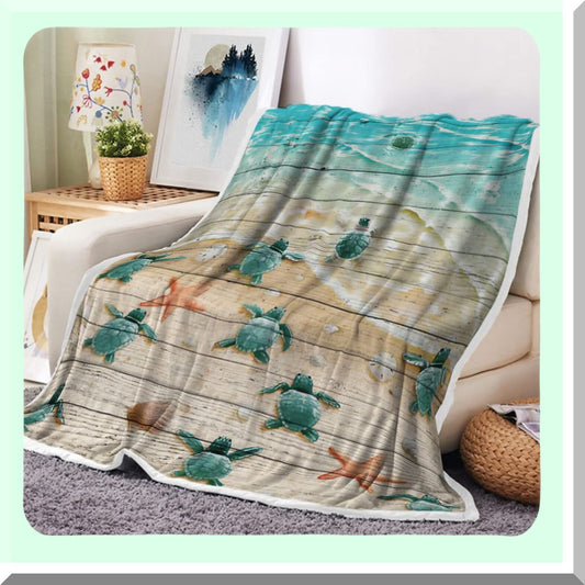 Ocean Serenity Sea Turtle Beach Throw Blanket - Nautical Life Fleece Flannel with Starfish and Rustic Teal Wood Design, Soft and Cozy 50"x60"
