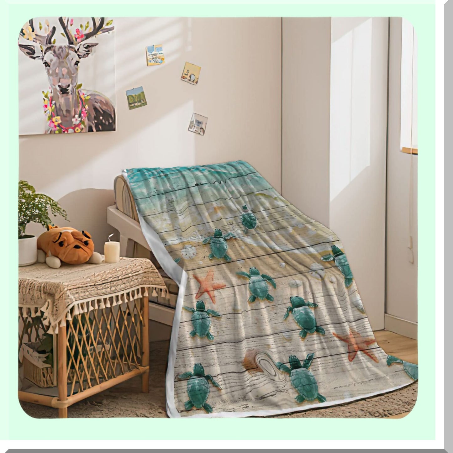 Ocean Serenity Sea Turtle Beach Throw Blanket - Nautical Life Fleece Flannel with Starfish and Rustic Teal Wood Design, Soft and Cozy 50"x60"