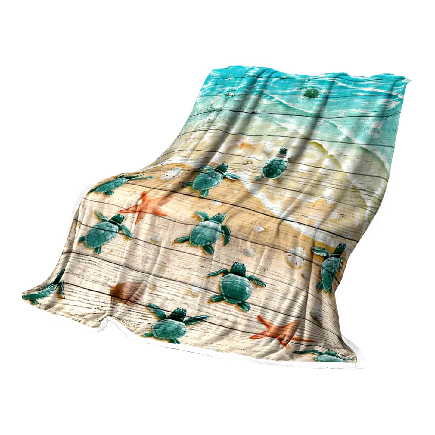 Ocean Serenity Sea Turtle Beach Throw Blanket - Nautical Life Fleece Flannel with Starfish and Rustic Teal Wood Design, Soft and Cozy 50"x60"