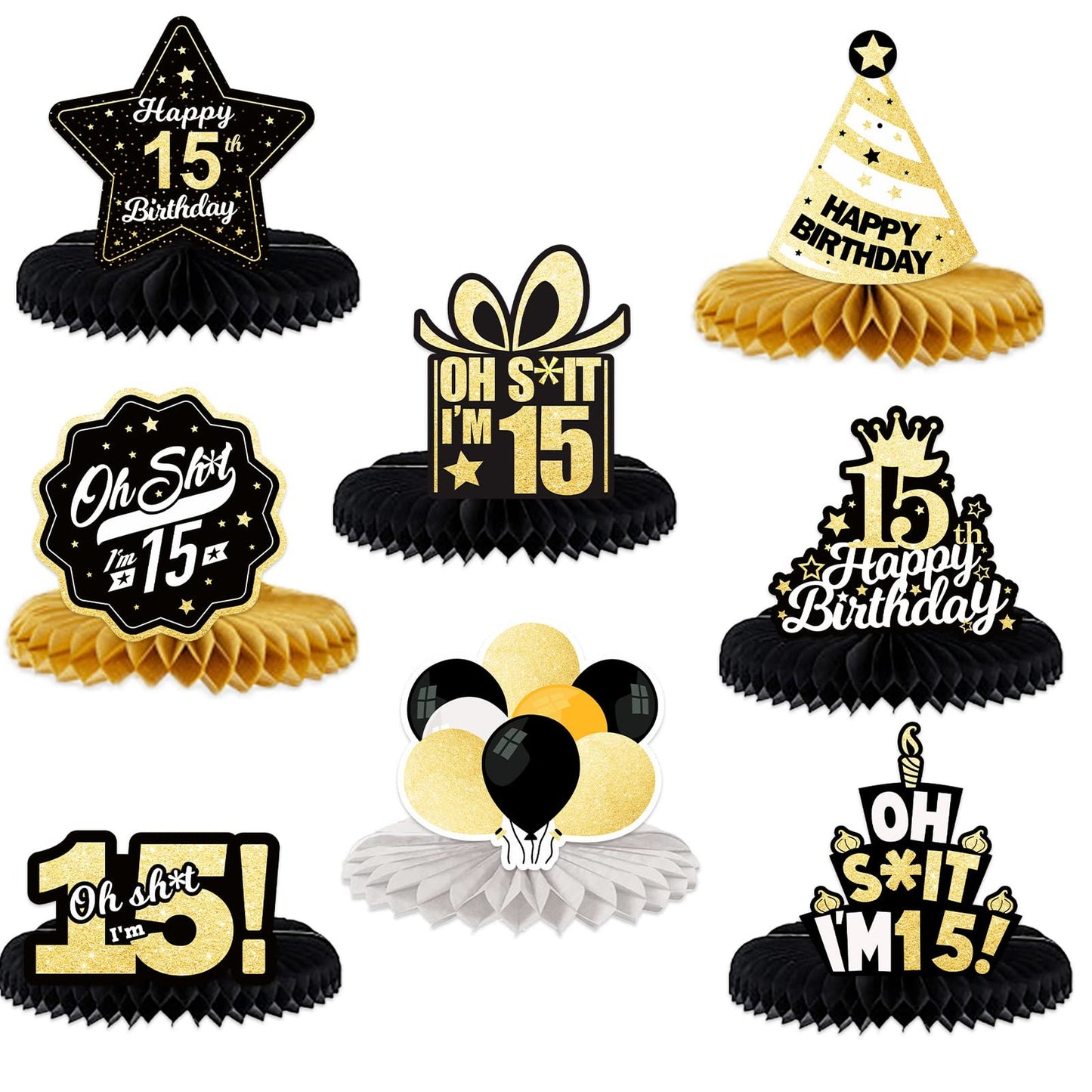 Happy Honeycomb 15th Birthday Table Kit - Black & Gold Balloon Confetti Theme Centerpieces for Boys & Girls. Hello 15 Funny Decor Toppers.