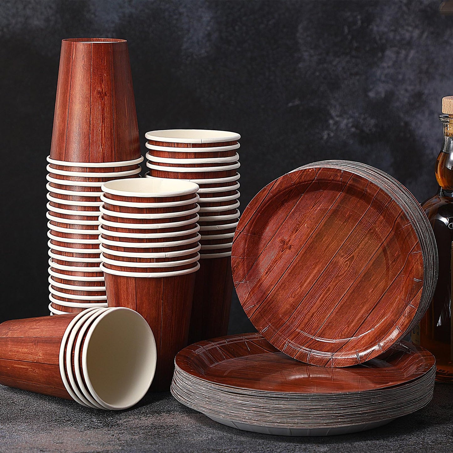Western Rustic Partyware Set - 150 Piece Brown Paper Plates & Cups with Tan Wooden Grain Design. Perfect for 50 Guests at Western Themed Parties & Gatherings.