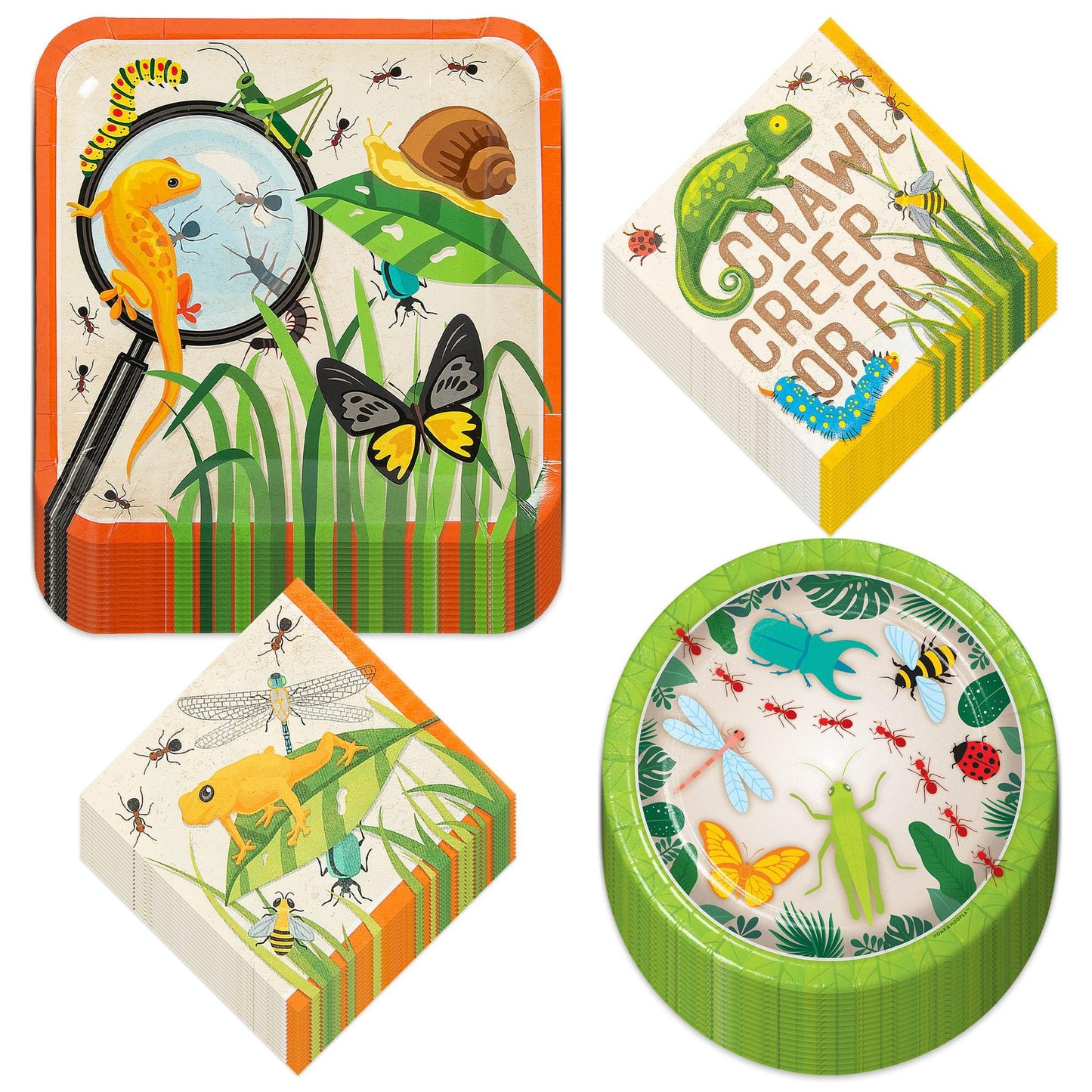 Bug Bash Party Pack - Paper Plates & Napkins Set for Backyard Insect Themed Celebrations - Includes 32 Pieces for Dinner, Dessert, and Beverages