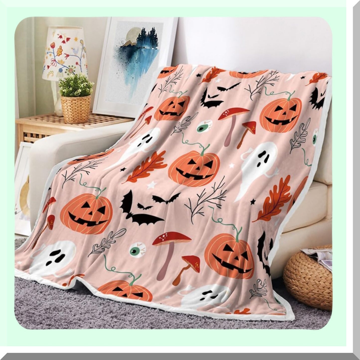 CozyPumpkin Ghost Flannel Throw - Warm & Cute Pink Blanket for Bed & Sofa, Perfect for Living Room & Bedroom Decor