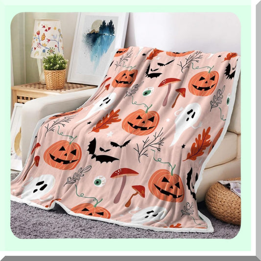 CozyPumpkin Ghost Flannel Throw - Warm & Cute Pink Blanket for Bed & Sofa, Perfect for Living Room & Bedroom Decor