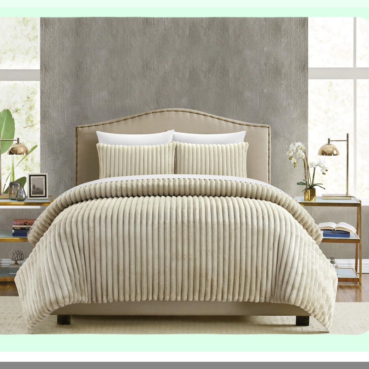 Luxury Plush Beige Queen Comforter Set - Microplush Quilted Bedding with Micromink Backing and Pillow Shams - 3 Piece Channel Design