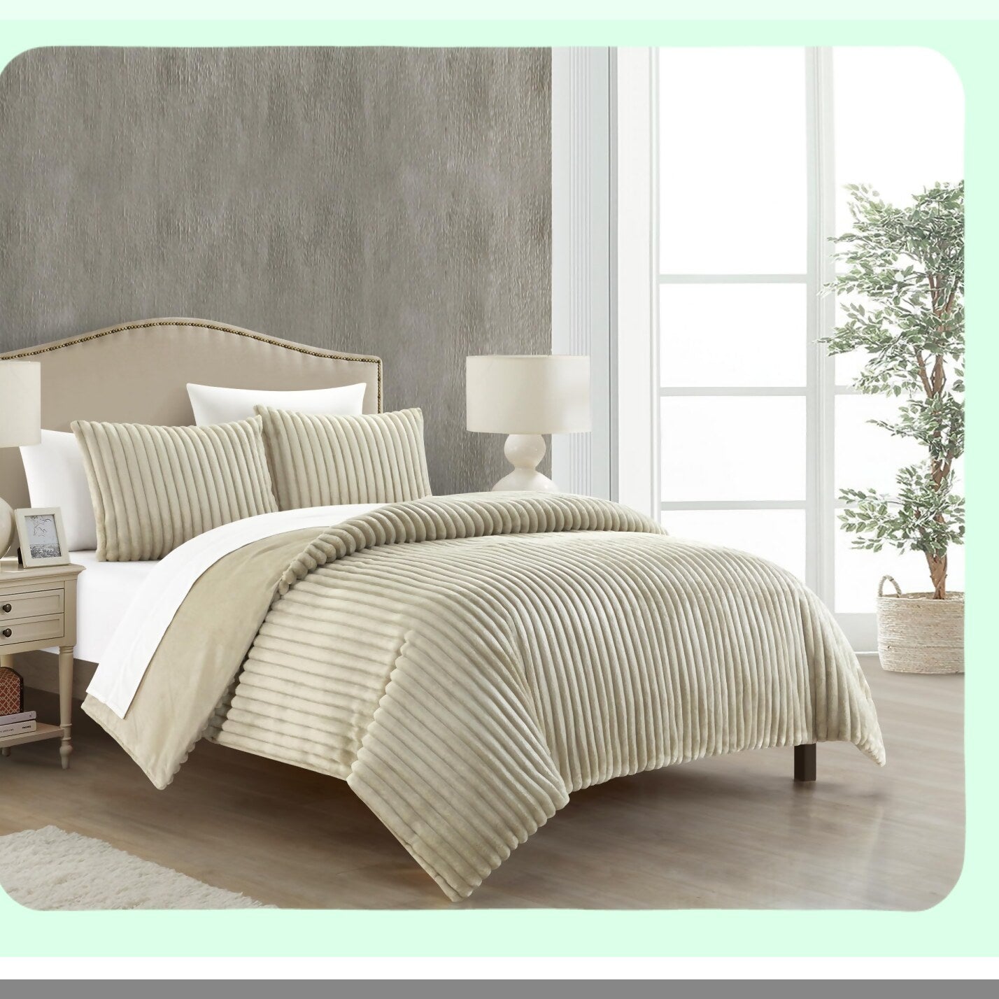 Luxury Plush Beige Queen Comforter Set - Microplush Quilted Bedding with Micromink Backing and Pillow Shams - 3 Piece Channel Design