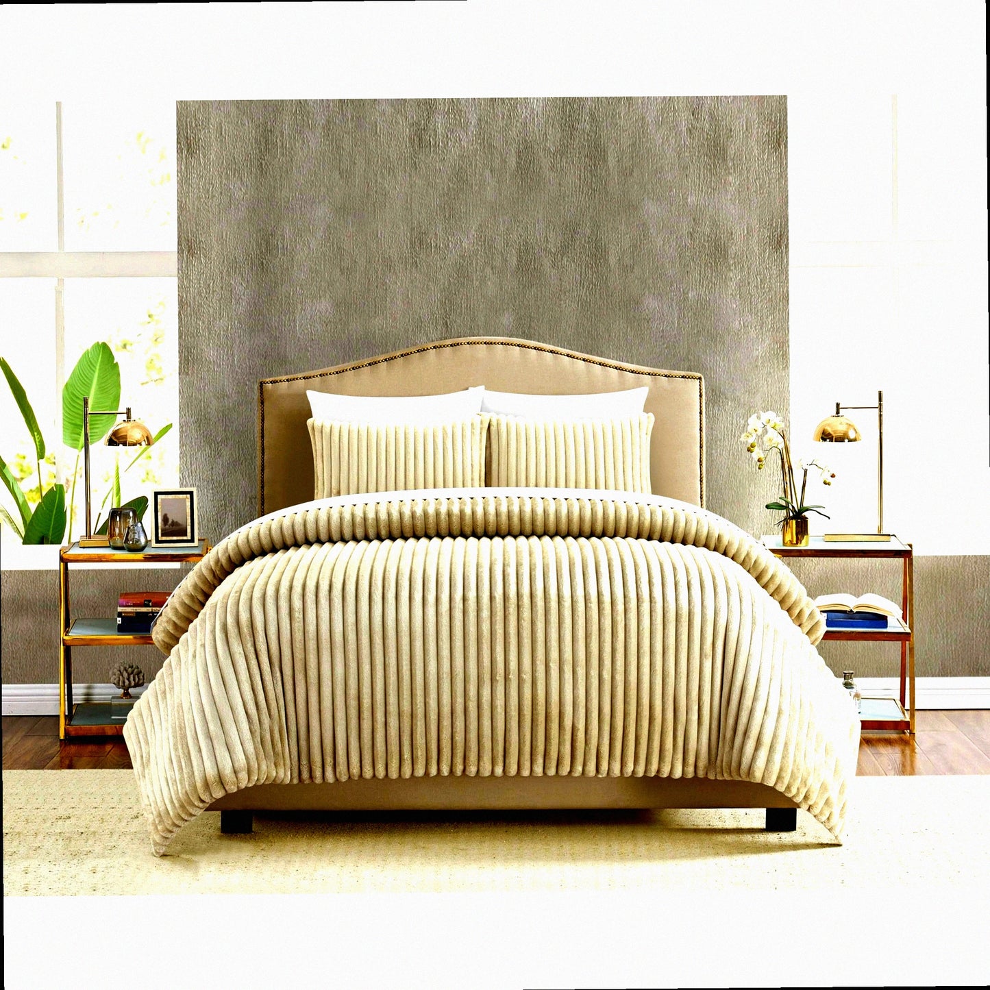 Luxury Plush Beige Queen Comforter Set - Microplush Quilted Bedding with Micromink Backing and Pillow Shams - 3 Piece Channel Design