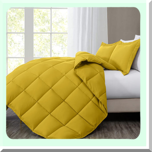 Peachy Mustard Queen Comforter Set - Lightweight 3-Piece Down Alternative Duvet Insert - Oversized 110GSM Microfiber Polyester - All Season Box Stitched w/Corner Tabs
